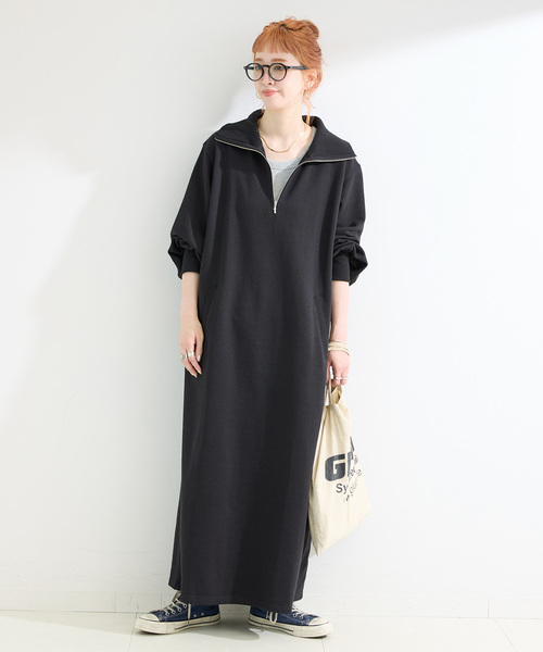 追加》ウォッシャブル / テリー裏毛ハーフジップロングワンピース