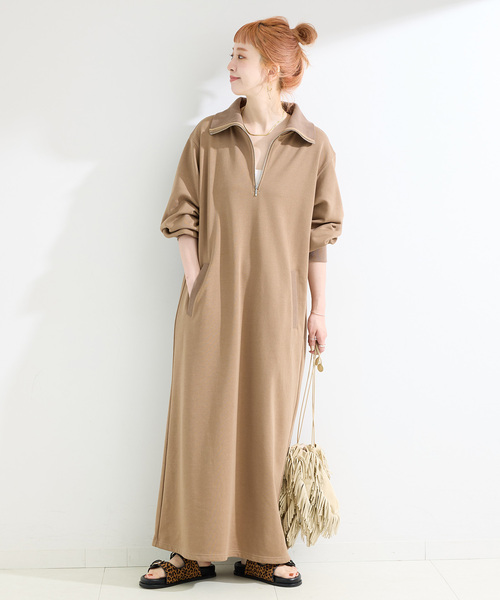 追加》ウォッシャブル / テリー裏毛ハーフジップロングワンピース