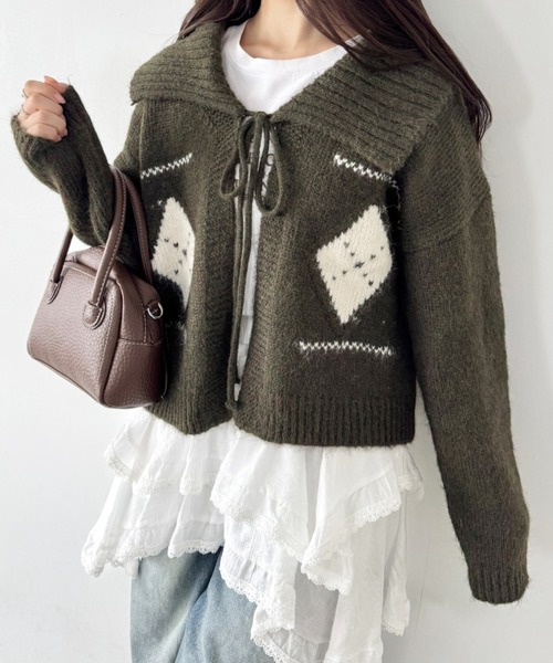 希少✨KANEKO ISAO カーディガン アーガイル 立体 モチーフ リボン