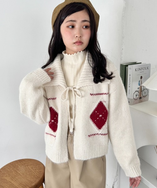 希少✨KANEKO ISAO カーディガン アーガイル 立体 モチーフ リボン 希少✨KANEKO ISAO カーディガン アーガイル 立体 モチーフ リボン