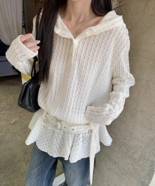 gossip!ロサンゼルス(ゴシップロサンゼルス)の「【低身長Sサイズあり】ジャガードニット透け感シンプルカジュアル ベルトデザインプルオーバー(パーカー・レディース・ホワイト・L/M/S/XL)」の4枚目の写真