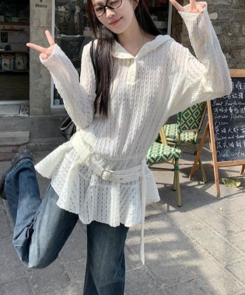 gossip!ロサンゼルス(ゴシップロサンゼルス)の「【低身長Sサイズあり】ジャガードニット透け感シンプルカジュアル ベルトデザインプルオーバー(パーカー・レディース・ホワイト・L/M/S/XL)」の6枚目の写真