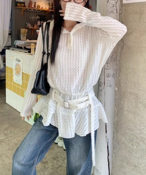 gossip!ロサンゼルス(ゴシップロサンゼルス)の「【低身長Sサイズあり】ジャガードニット透け感シンプルカジュアル ベルトデザインプルオーバー(パーカー・レディース・ホワイト・L/M/S/XL)」の8枚目の写真