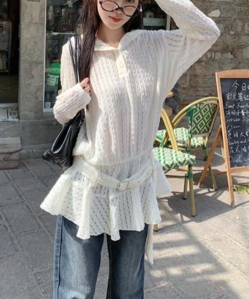gossip!ロサンゼルス(ゴシップロサンゼルス)の「【低身長Sサイズあり】ジャガードニット透け感シンプルカジュアル ベルトデザインプルオーバー(パーカー・レディース・ホワイト・L/M/S/XL)」の13枚目の写真