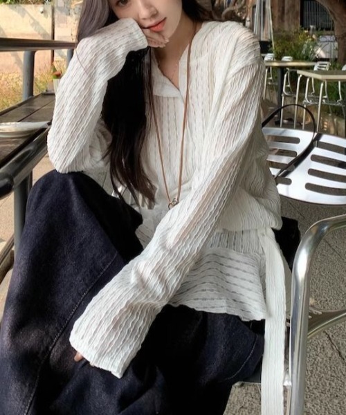 gossip!ロサンゼルス(ゴシップロサンゼルス)の「【低身長Sサイズあり】ジャガードニット透け感シンプルカジュアル ベルトデザインプルオーバー(パーカー・レディース・ホワイト・L/M/S/XL)」の17枚目の写真