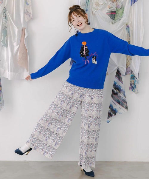 ScoLar（スカラー）の「ScoLar(スカラー) ネコパフェ柄 ベロアプリーツパンツ（その他パンツ・レディース・アイボリー・MEDIUM）」の2枚目の写真