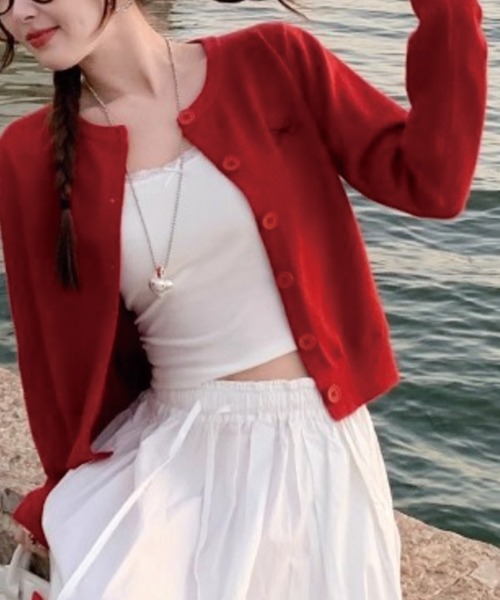 ADDITION STORE(アディションストア)の「\柔らか肌触り♪/リボン刺繍 ショート丈 カーデ/ニットカーデ(カーディガン/ボレロ・レディース・レッド/パープル/ブラック/サックスブルー/グレー/ライトイエロー・FREE)」の6枚目の写真