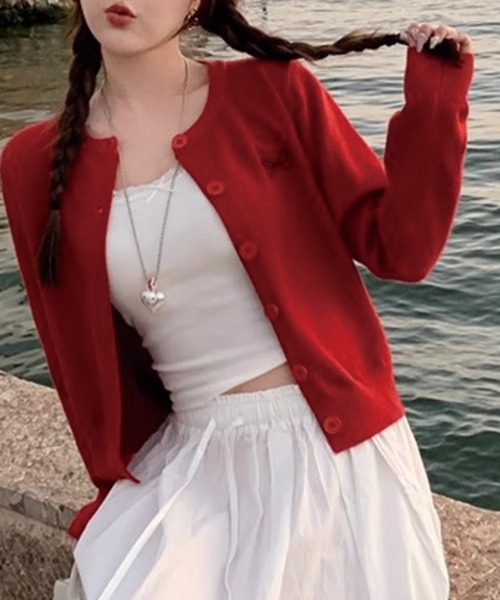 ADDITION STORE(アディションストア)の「\柔らか肌触り♪/リボン刺繍 ショート丈 カーデ/ニットカーデ(カーディガン/ボレロ・レディース・レッド/パープル/ブラック/サックスブルー/グレー/ライトイエロー・FREE)」の11枚目の写真