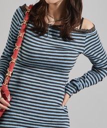 Chick（チック）の「Rib-Knit Border Design Waist-Tied Style Off-Shoulder Dress / リブ編み ボーダーデザイン 腰巻き風 オフショルワンピース（ワンピース）」