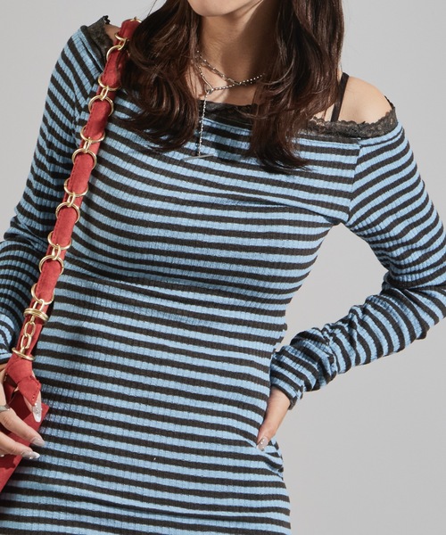 Chick(チック)の「Rib-Knit Border Design Waist-Tied Style Off-Shoulder Dress / リブ編み ボーダーデザイン 腰巻き風 オフショルワンピース(ワンピース・レディース・ブルー・FREE)」の1枚目の写真