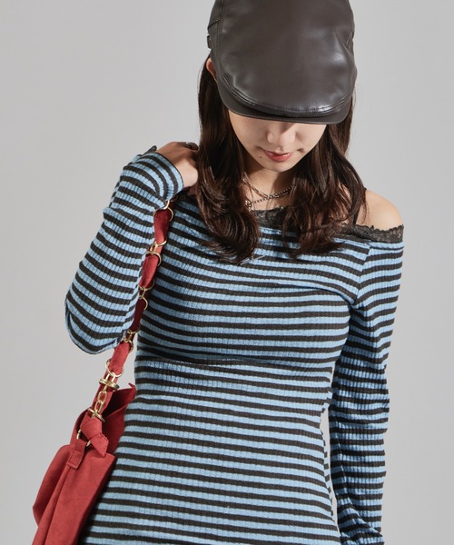 Chick(チック)の「Rib-Knit Border Design Waist-Tied Style Off-Shoulder Dress / リブ編み ボーダーデザイン 腰巻き風 オフショルワンピース(ワンピース・レディース・ブルー・FREE)」の13枚目の写真