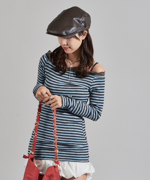 Chick(チック)の「Rib-Knit Border Design Waist-Tied Style Off-Shoulder Dress / リブ編み ボーダーデザイン 腰巻き風 オフショルワンピース(ワンピース・レディース・ブルー・FREE)」の15枚目の写真