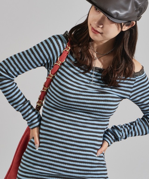 Chick(チック)の「Rib-Knit Border Design Waist-Tied Style Off-Shoulder Dress / リブ編み ボーダーデザイン 腰巻き風 オフショルワンピース(ワンピース・レディース・ブルー・FREE)」の16枚目の写真