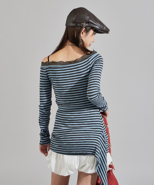Chick(チック)の「Rib-Knit Border Design Waist-Tied Style Off-Shoulder Dress / リブ編み ボーダーデザイン 腰巻き風 オフショルワンピース(ワンピース・レディース・ブルー・FREE)」の17枚目の写真
