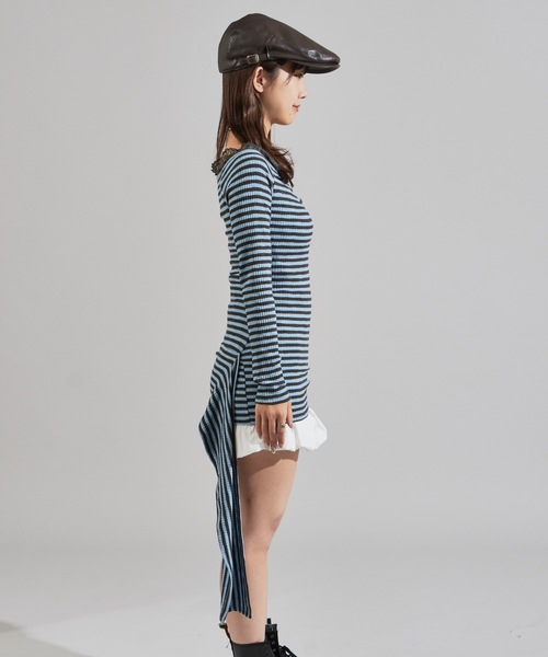 Chick(チック)の「Rib-Knit Border Design Waist-Tied Style Off-Shoulder Dress / リブ編み ボーダーデザイン 腰巻き風 オフショルワンピース(ワンピース・レディース・ブルー・FREE)」の7枚目の写真