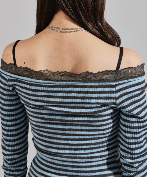 Chick(チック)の「Rib-Knit Border Design Waist-Tied Style Off-Shoulder Dress / リブ編み ボーダーデザイン 腰巻き風 オフショルワンピース(ワンピース・レディース・ブルー・FREE)」の12枚目の写真