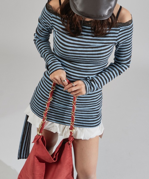Chick(チック)の「Rib-Knit Border Design Waist-Tied Style Off-Shoulder Dress / リブ編み ボーダーデザイン 腰巻き風 オフショルワンピース(ワンピース・レディース・ブルー・FREE)」の19枚目の写真