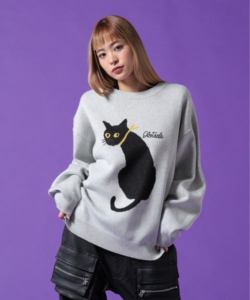 DANKE SCHON(ダンケシェーン)の「【WEB&DEPOT限定】DankeSchon/ダンケシェーン/W Jacquard CAT KNIT(ニット/セーター・レディース・レッド/チャコールグレー/グレー・L/M/XL)」の2枚目の写真