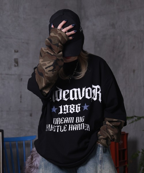 MAROCORE(マロコア)の「フェイクレイヤード 袖 カモ柄 プリント ロンT ユニセックス 【MAROCORE】(Tシャツ/カットソー・メンズ・ブラック/ホワイト・L/M)」の11枚目の写真