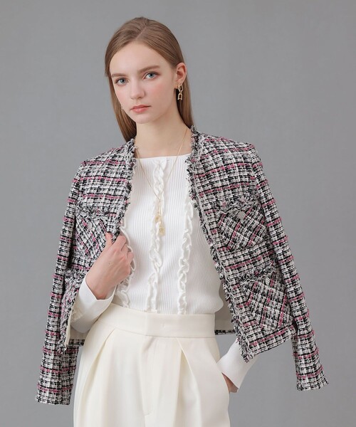 セール】ピンクミックスツイード4ポケットジャケット（ノーカラー