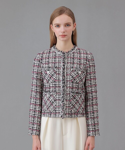 セール】ピンクミックスツイード4ポケットジャケット（ノーカラー