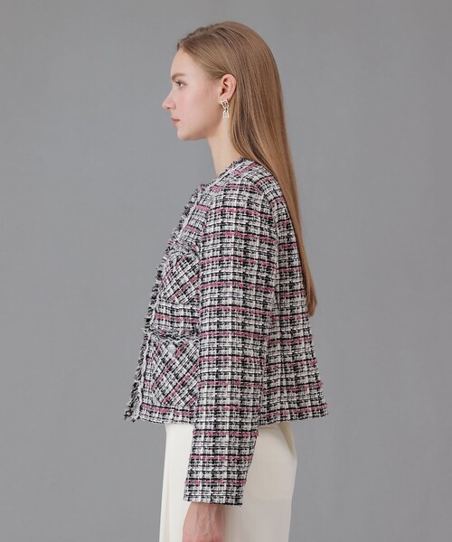 ANAYI ミックス　ツイード　ジャケット セール】ピンクミックスツイード4ポケットジャケット（ノーカラー