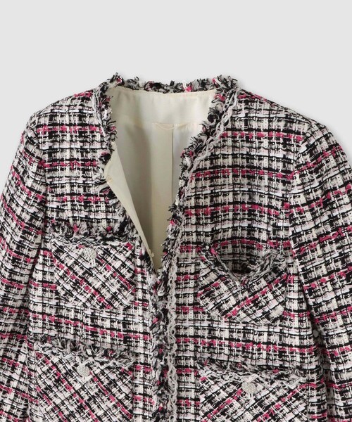 セール】ピンクミックスツイード4ポケットジャケット（ノーカラー