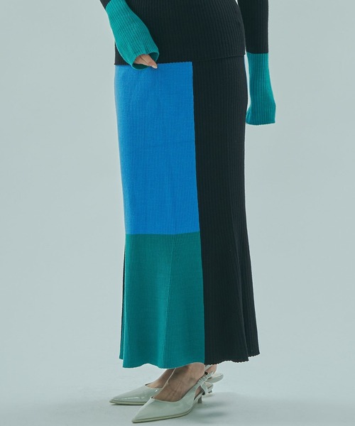 スカート BICOLOR KNIT SKIRT セール】bicolor pleats knit skirt /ティアードバイカラープリーツ