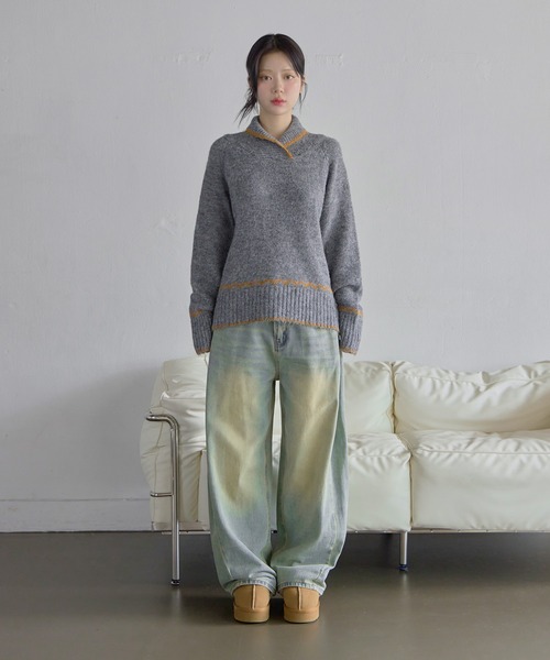 UNE MANSION(ユヌマンション)の「ユニークハーフハイネックバイカラーオーバーサイズニット(ニット/セーター・レディース・チャコールグレー/ベージュ・FREE)」の20枚目の写真