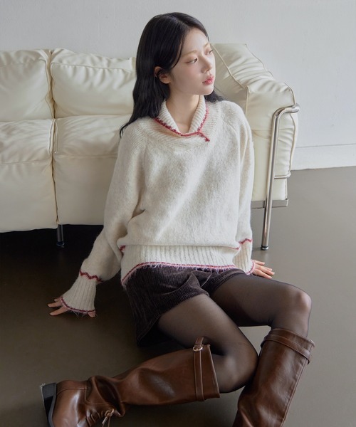 UNE MANSION(ユヌマンション)の「ユニークハーフハイネックバイカラーオーバーサイズニット(ニット/セーター・レディース・チャコールグレー/ベージュ・FREE)」の19枚目の写真