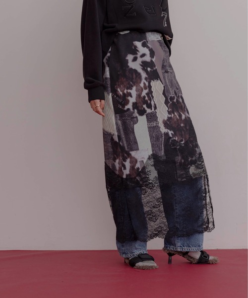 Eimee Law(エイミーロウ)の「カウ柄デニムコラージュptヘムレースタイトスカート(スカート・レディース・グレー/カーキ・FREE)」の4枚目の写真