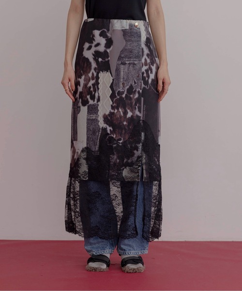 Eimee Law(エイミーロウ)の「カウ柄デニムコラージュptヘムレースタイトスカート(スカート・レディース・グレー/カーキ・FREE)」の5枚目の写真