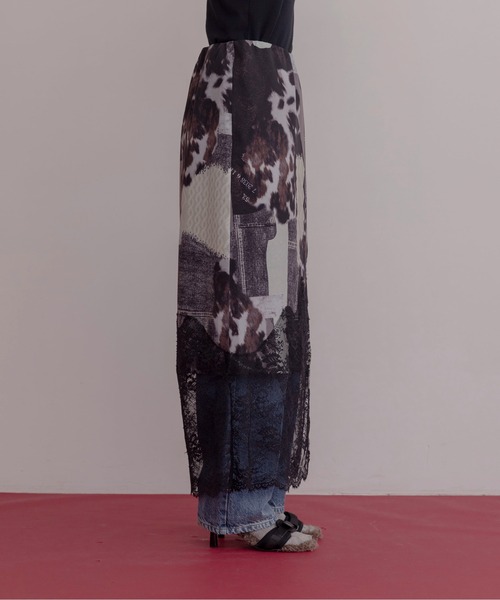 Eimee Law(エイミーロウ)の「カウ柄デニムコラージュptヘムレースタイトスカート(スカート・レディース・グレー/カーキ・FREE)」の8枚目の写真