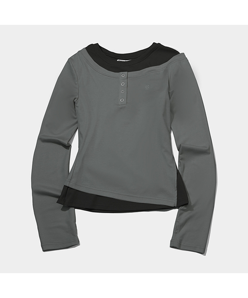 PLACE STUDIO（プレイススタジオ）の「フレンチカラー ポップ オフショルダー レイヤード スナップボタン Tシャツ _ 2COLOR（Tシャツ/カットソー・レディース・チャコール/アイボリー・FREE）」の2枚目の写真