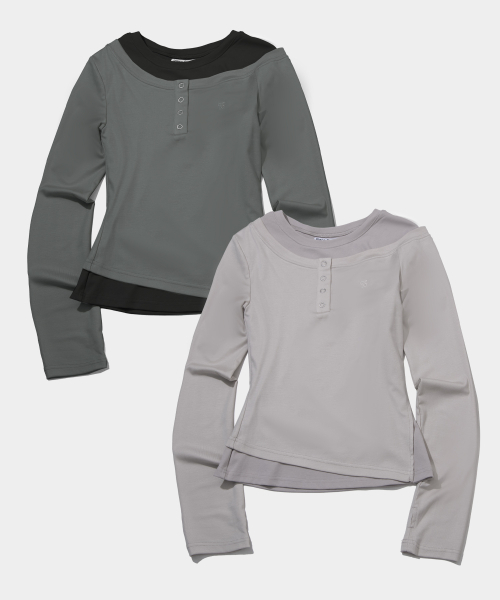 PLACE STUDIO（プレイススタジオ）の「フレンチカラー ポップ オフショルダー レイヤード スナップボタン Tシャツ _ 2COLOR（Tシャツ/カットソー・レディース・チャコール/アイボリー・FREE）」の5枚目の写真