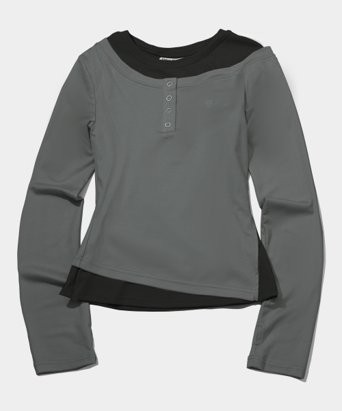 PLACE STUDIO（プレイススタジオ）の「フレンチカラー ポップ オフショルダー レイヤード スナップボタン Tシャツ _ 2COLOR（Tシャツ/カットソー・レディース・チャコール/アイボリー・FREE）」の7枚目の写真