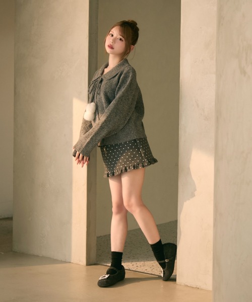 TITTY&CO.（ティティーアンドコー）の「ポンポン付きハート編みニット（カーディガン/ボレロ・レディース・アイボリー/グレー/ライトブルー/ライトグレー・FREE）」の3枚目の写真