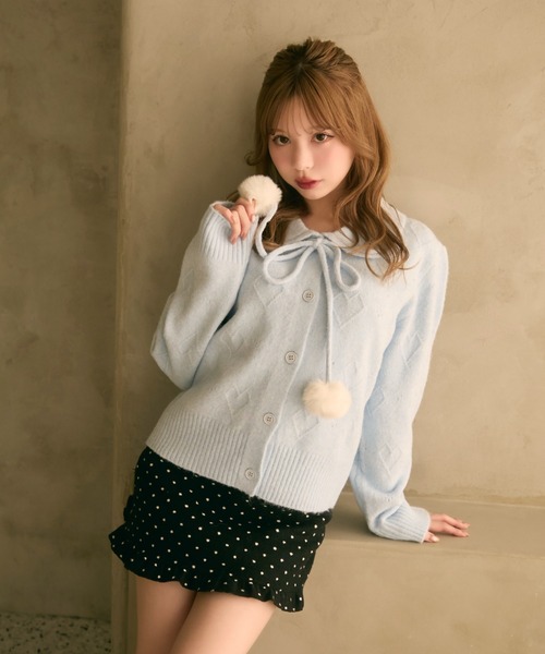 セール】ポンポン付きハート編みニット（カーディガン/ボレロ