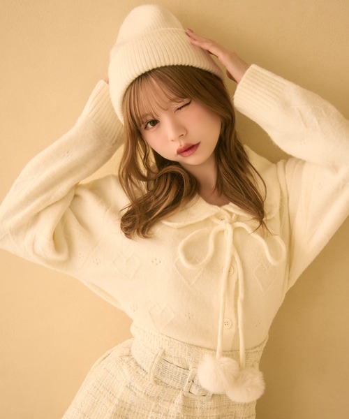 TITTY&CO.（ティティーアンドコー）の「ポンポン付きハート編みニット（カーディガン/ボレロ・レディース・アイボリー/グレー/ライトブルー/ライトグレー・FREE）」の5枚目の写真