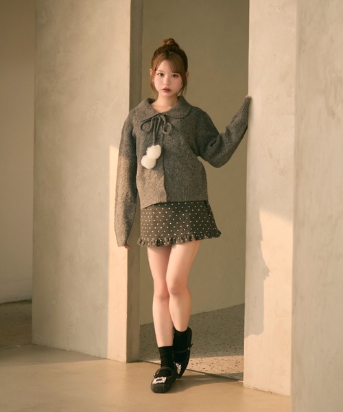 セール】ポンポン付きハート編みニット（カーディガン/ボレロ