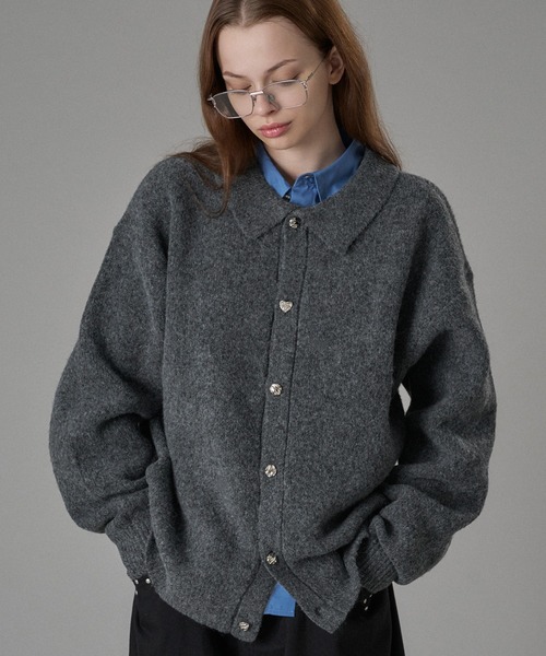 セール】SILVER BUTTON SHAGGY KNIT POLO CARDIGAN / シルバーボタン