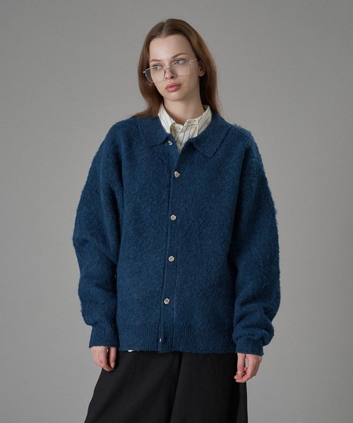 セール】SILVER BUTTON SHAGGY KNIT POLO CARDIGAN / シルバーボタン