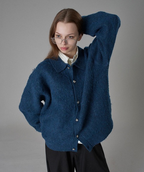 セール】SILVER BUTTON SHAGGY KNIT POLO CARDIGAN / シルバーボタン