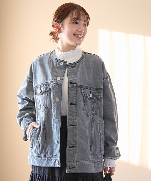 coen（コーエン）の「ノーカラーデニムジャケット（デニムジャケット・レディース・ライトグレー/ライトブルー/コバルトブルー・FREE）」の6枚目の写真