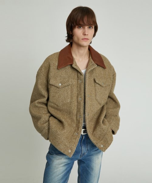 ANDROS(アンドロス)の「Leather Trimming Cardigan (Olive)(ライダースジャケット・メンズ・その他・MEDIUM/LARGE)」の1枚目の写真