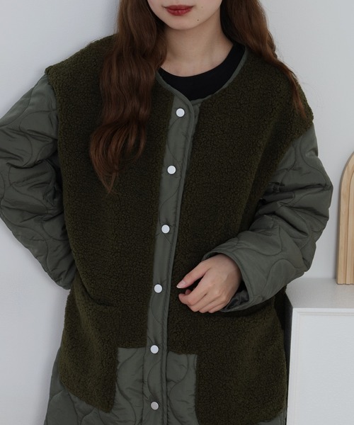RME.(アールエムイー)の「ノーカラーボアキルティングコート(ノーカラーコート・レディース・ブラック/グリーン/ベージュ・FREE)」の11枚目の写真