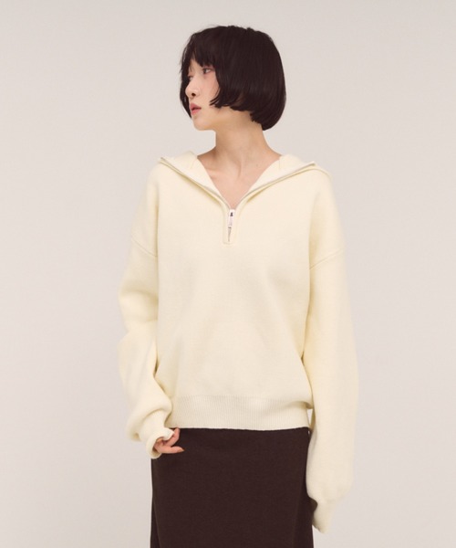 FMiBL（ファミル）の「ハーフジップフードニット（ニット/セーター・レディース・オフホワイト/グレー・FREE）」の5枚目の写真