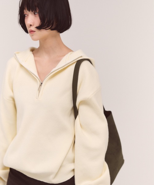 FMiBL（ファミル）の「ハーフジップフードニット（ニット/セーター・レディース・オフホワイト/グレー・FREE）」の6枚目の写真