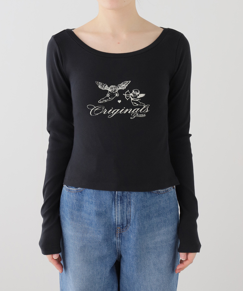 GUESS ORIGINALS（ゲスオリジナルズ）の「GUESS Originals/ゲス オリジナルス GO LS BOAT NECK RIB TOP（Tシャツ/カットソー・レディース・ブラック/アイボリー・SMALL/MEDIUM）」の9枚目の写真