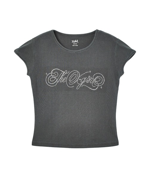 X-girl(エックスガール)の「RHINESTONE DECORATIVE SCRIPT LOGO S/S BABY TEE(Tシャツ/カットソー・レディース・ブラック/ライトピンク/オリーブ・ONE SIZE)」の2枚目の写真